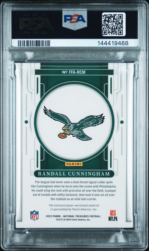 Randall Cunningham 2023 National Treasures Framed Fabric Relic Philadelphia Eagles Signed Football Jersey Used Card #RCM Graded PSA 9 Auto 10 Serial 23/49 Cert #144419468-Powers Sports Memorabilia