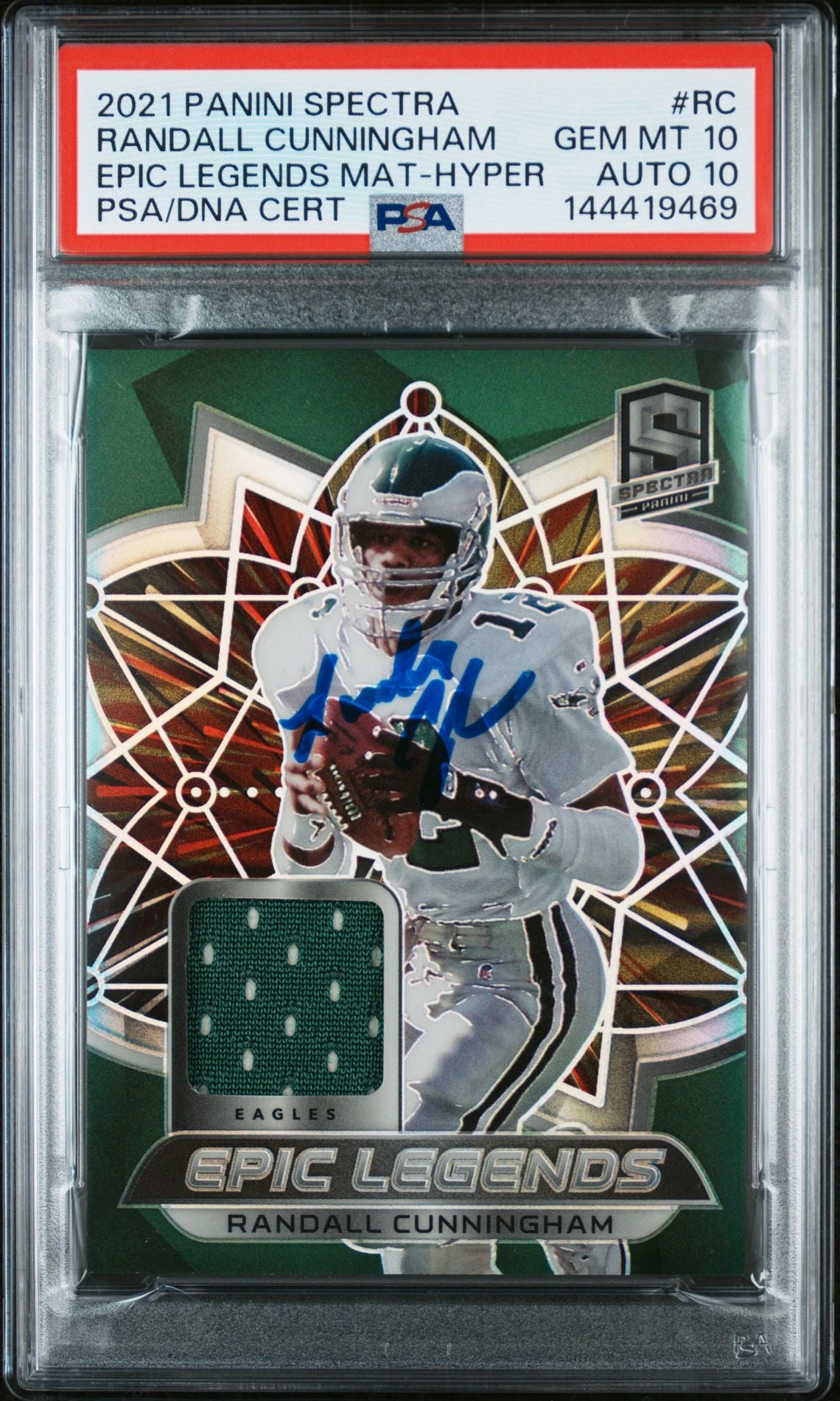 Randall Cunningham 2021 Panini Spectra Epic Legends Materials Hyper Philadelphia Eagles Signed Football Jersey Used Card #RC Graded PSA 10 Auto 10 Serial 22/75 Cert #144419469-Powers Sports Memorabilia