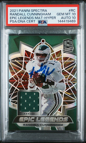 Randall Cunningham 2021 Panini Spectra Epic Legends Materials Hyper Philadelphia Eagles Signed Football Jersey Used Card #RC Graded PSA 10 Auto 10 Serial 22/75 Cert #144419469-Powers Sports Memorabilia