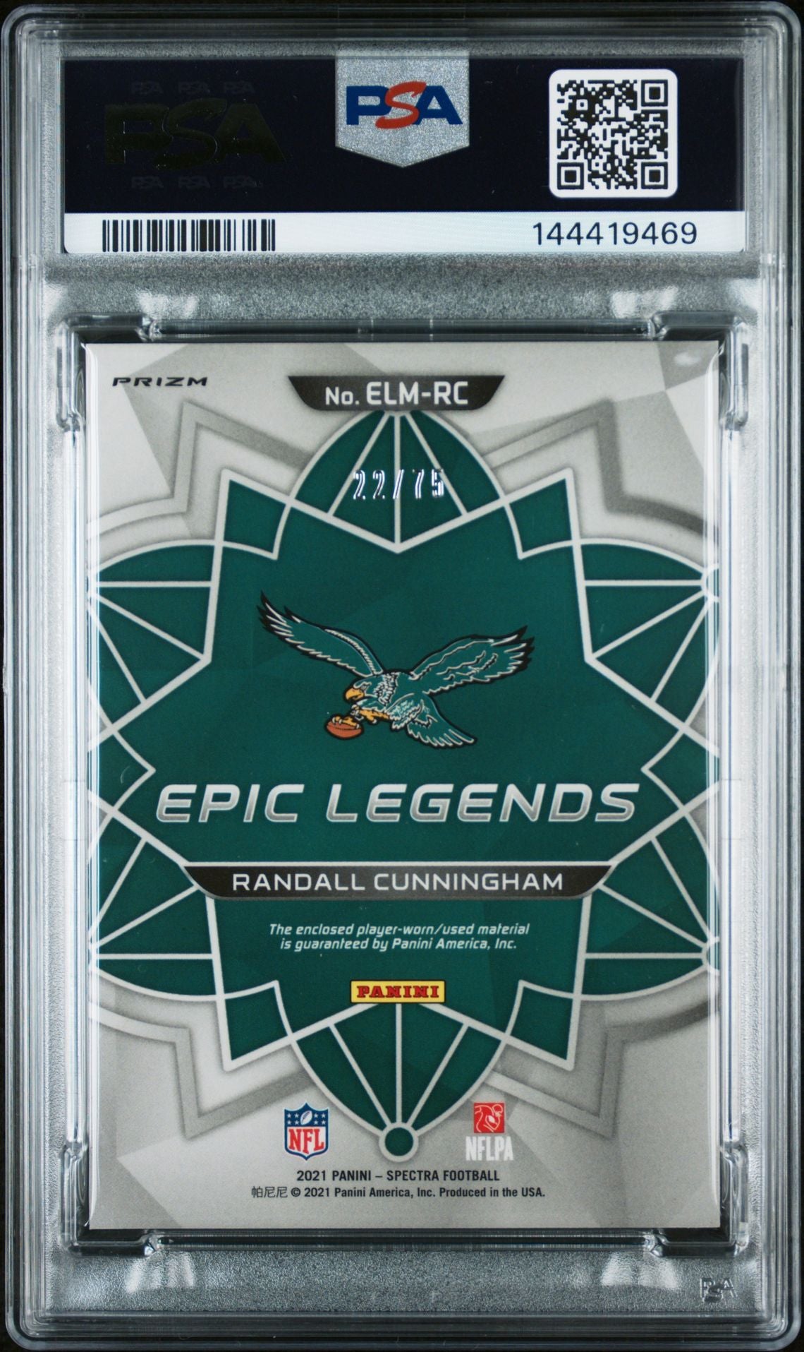 Randall Cunningham 2021 Panini Spectra Epic Legends Materials Hyper Philadelphia Eagles Signed Football Jersey Used Card #RC Graded PSA 10 Auto 10 Serial 22/75 Cert #144419469-Powers Sports Memorabilia