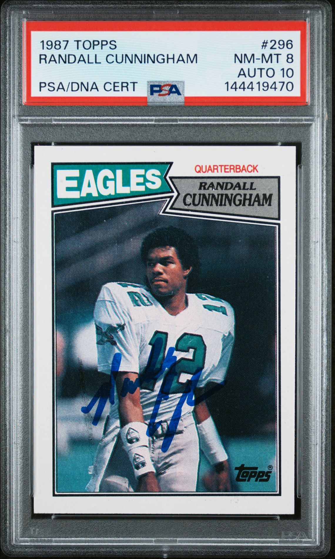 Randall Cunningham 1987 Topps Philadelphia Eagles Signed Football RC Rookie Card #296 Graded PSA 8 Auto 10 Cert #144419470-Powers Sports Memorabilia