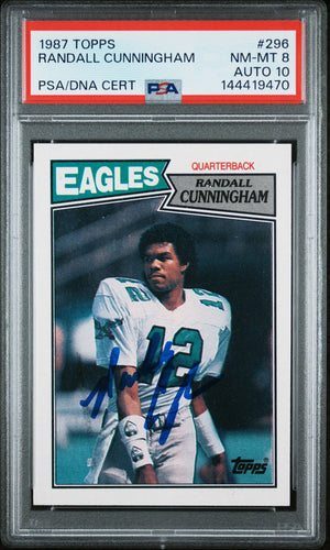 Randall Cunningham 1987 Topps Philadelphia Eagles Signed Football RC Rookie Card #296 Graded PSA 8 Auto 10 Cert #144419470-Powers Sports Memorabilia