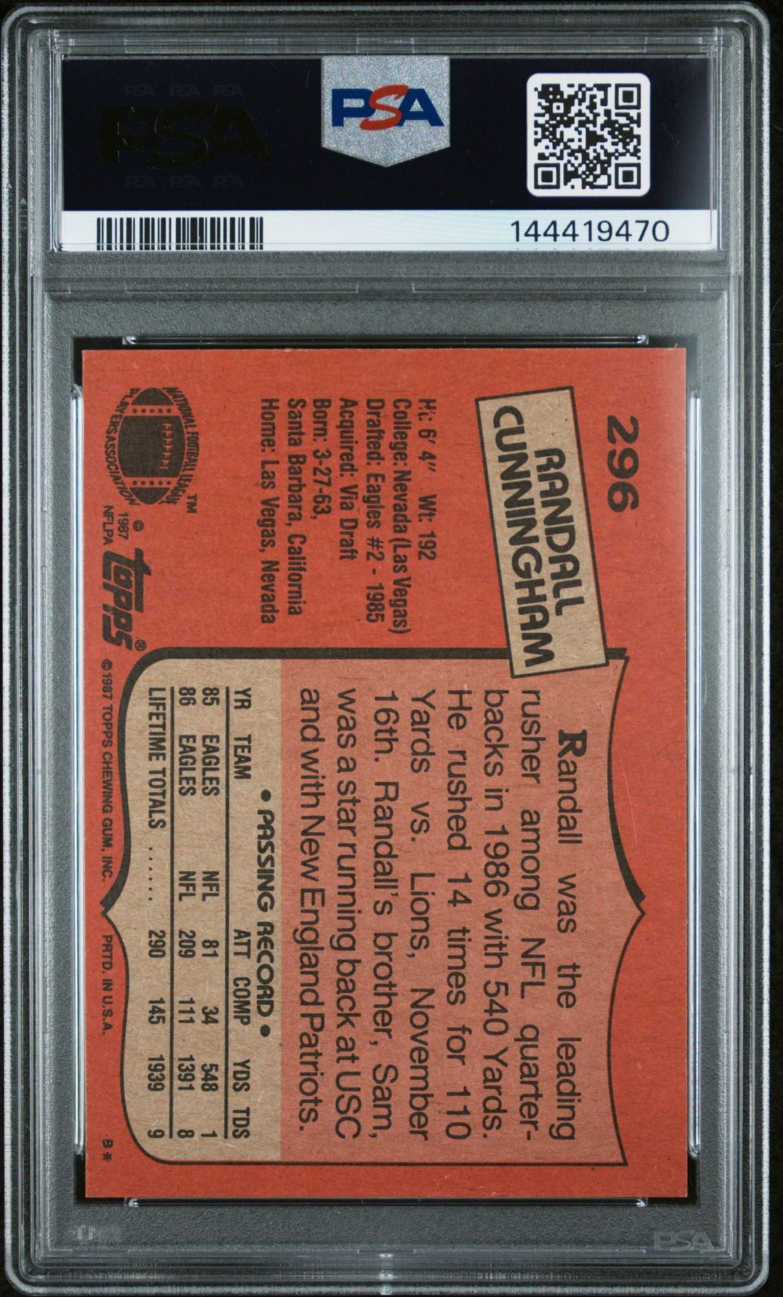 Randall Cunningham 1987 Topps Philadelphia Eagles Signed Football RC Rookie Card #296 Graded PSA 8 Auto 10 Cert #144419470-Powers Sports Memorabilia