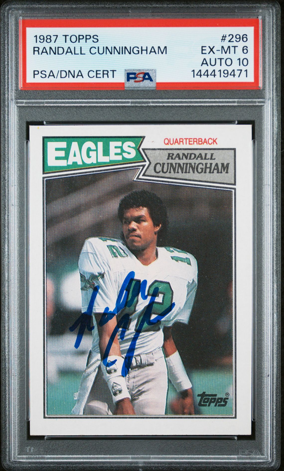 Randall Cunningham 1987 Topps Philadelphia Eagles Signed Football RC Rookie Card #296 Graded PSA 6 Auto 10 Cert #144419471-Powers Sports Memorabilia