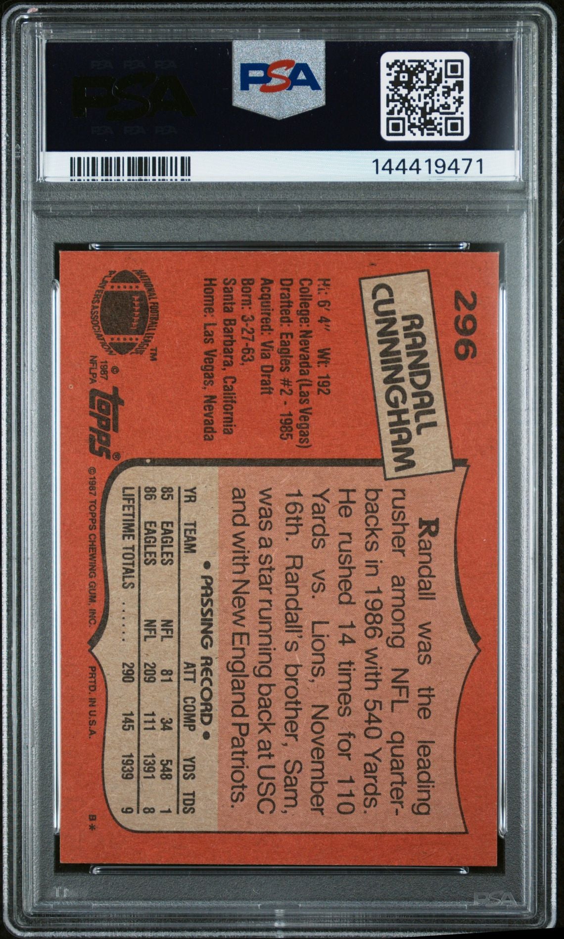 Randall Cunningham 1987 Topps Philadelphia Eagles Signed Football RC Rookie Card #296 Graded PSA 6 Auto 10 Cert #144419471-Powers Sports Memorabilia