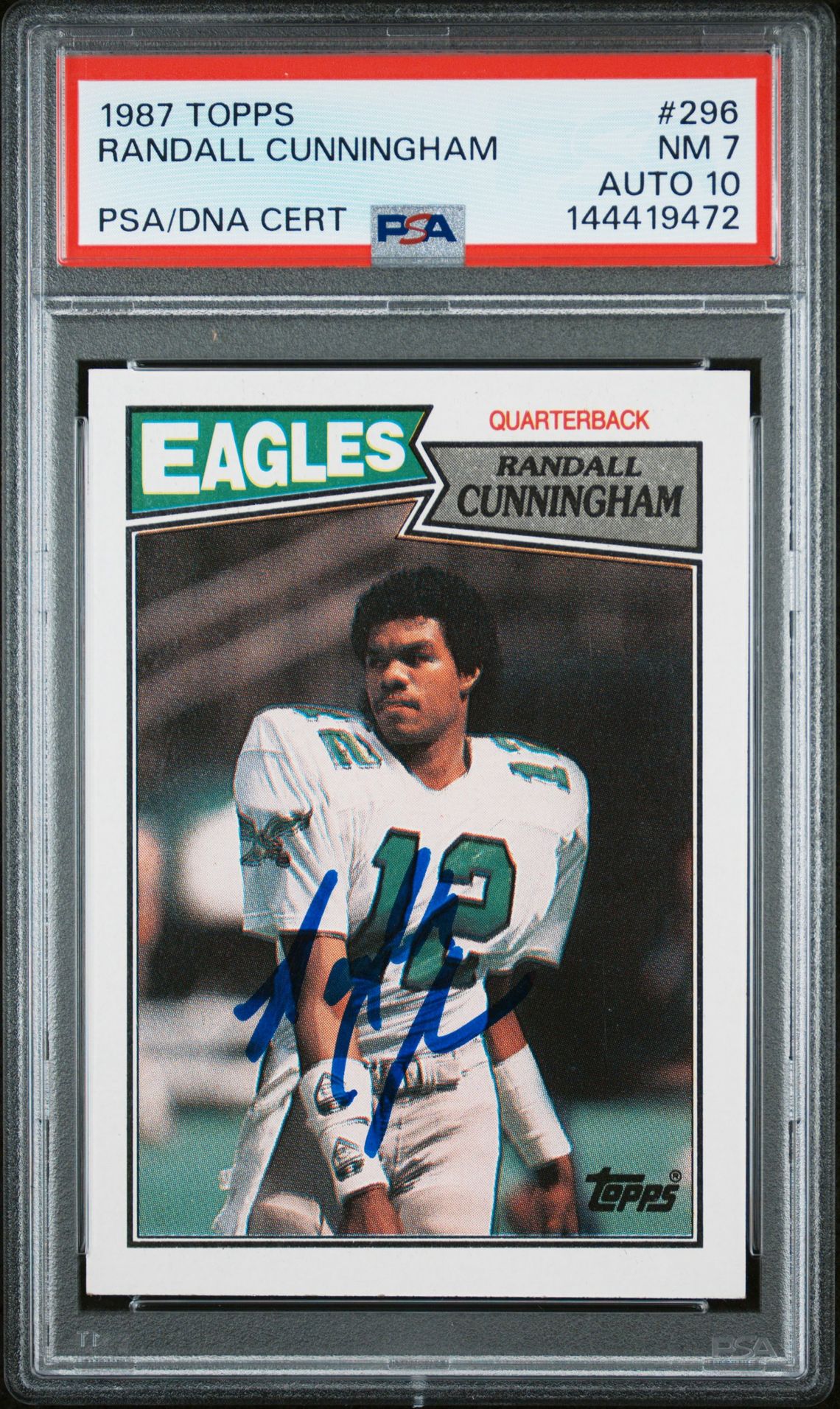 Randall Cunningham 1987 Topps Philadelphia Eagles Signed Football RC Rookie Card #296 Graded PSA 7 Auto 10 Cert #144419472-Powers Sports Memorabilia