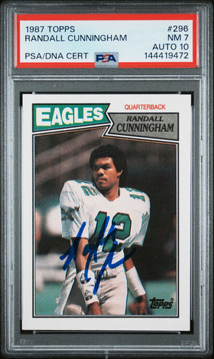 Randall Cunningham 1987 Topps Philadelphia Eagles Signed Football RC Rookie Card #296 Graded PSA 7 Auto 10 Cert #144419472-Powers Sports Memorabilia