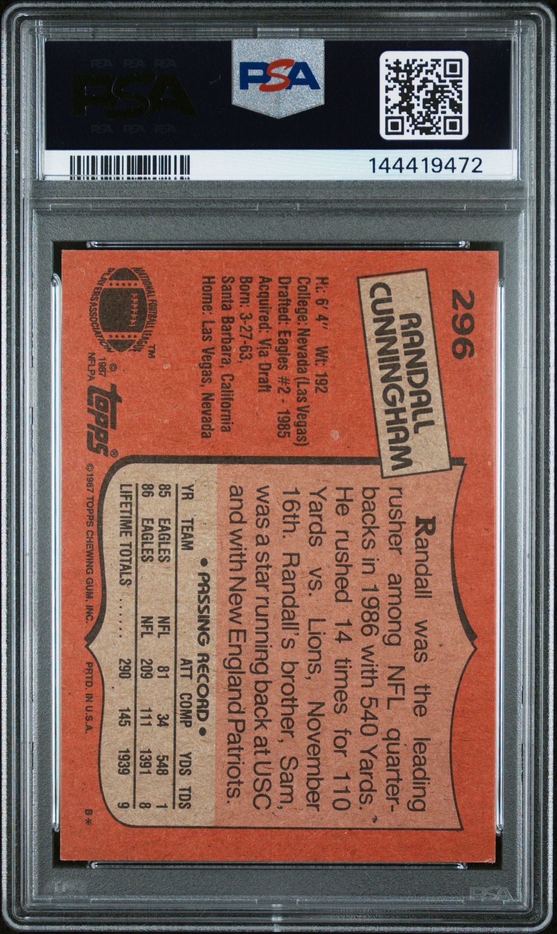 Randall Cunningham 1987 Topps Philadelphia Eagles Signed Football RC Rookie Card #296 Graded PSA 7 Auto 10 Cert #144419472-Powers Sports Memorabilia