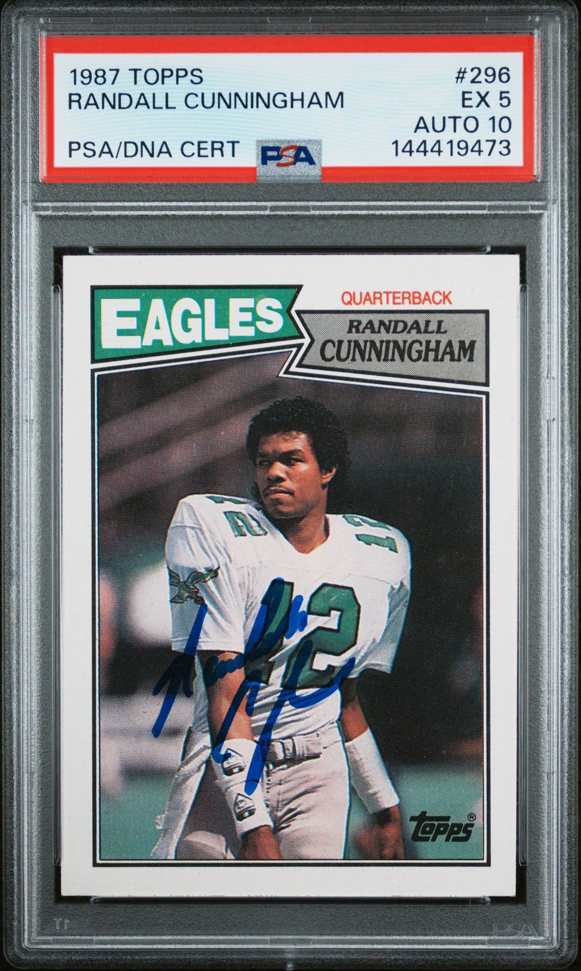 Randall Cunningham 1987 Topps Philadelphia Eagles Signed Football RC Rookie Card #296 Graded PSA 5 Auto 10 Cert #144419473-Powers Sports Memorabilia