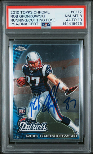 Rob Gronkowski 2010 Topps Chrome Running Cutting Pose New England Patriots Signed Football RC Rookie Card #C112 Graded PSA 8 Auto 10 Cert #144419475-Powers Sports Memorabilia