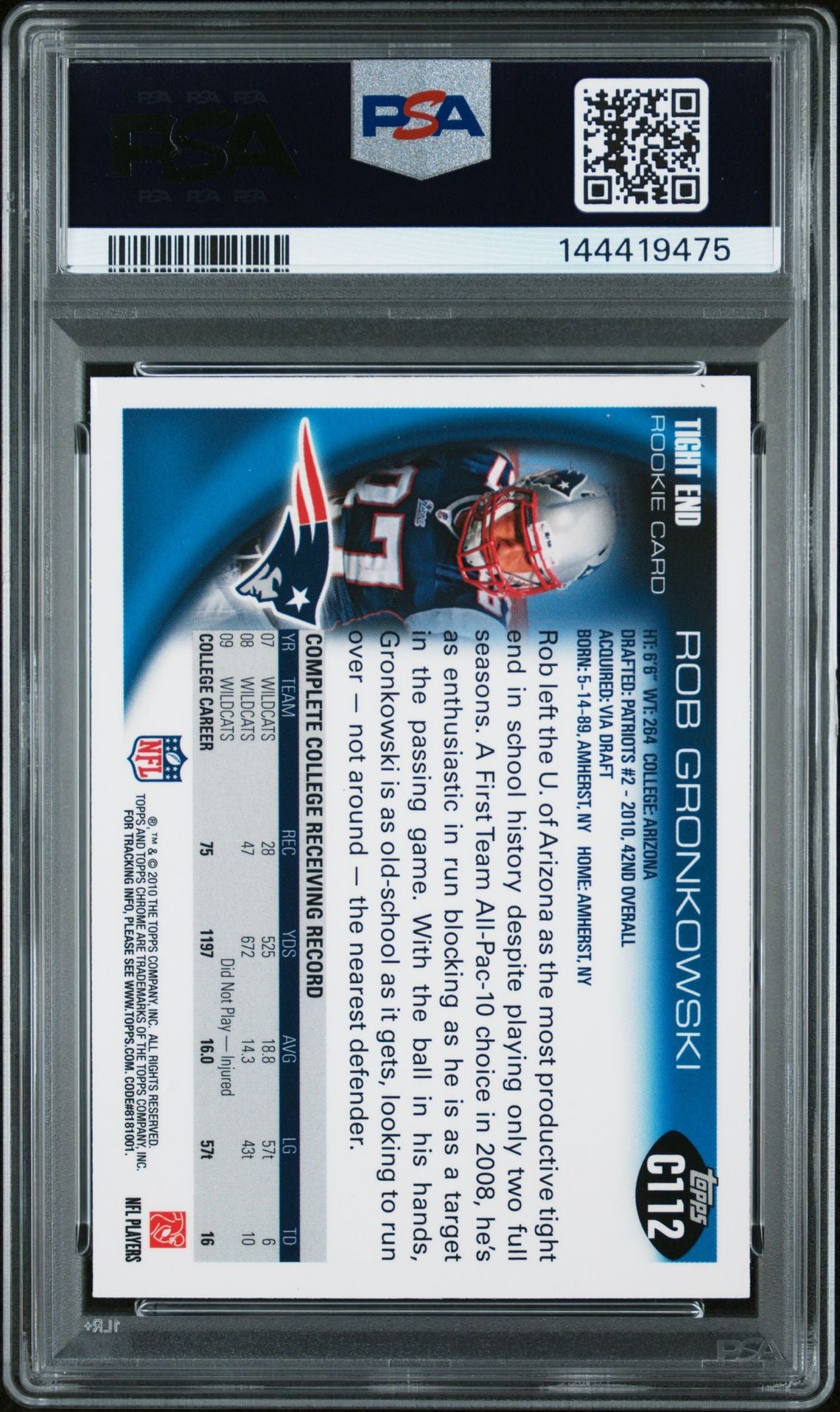 Rob Gronkowski 2010 Topps Chrome Running Cutting Pose New England Patriots Signed Football RC Rookie Card #C112 Graded PSA 8 Auto 10 Cert #144419475-Powers Sports Memorabilia