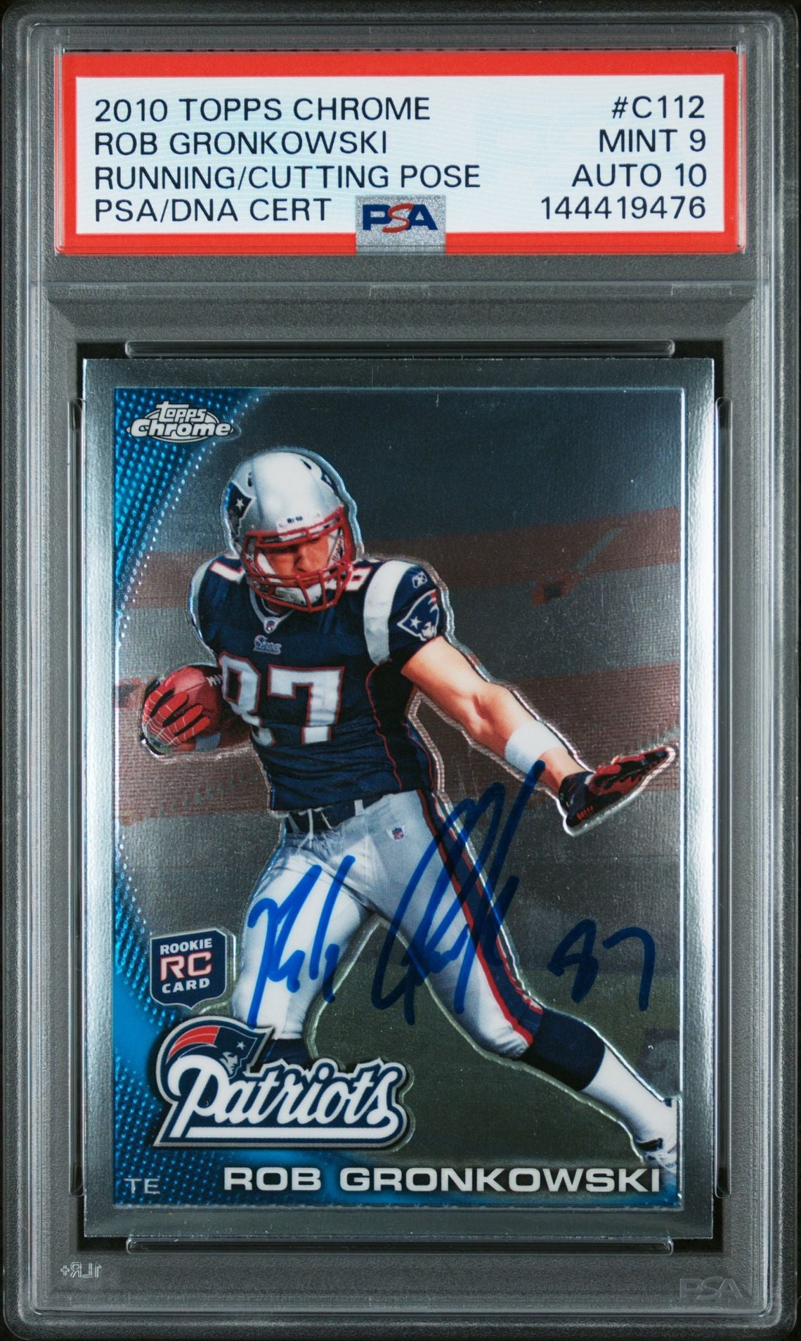 Rob Gronkowski 2010 Topps Chrome Running Cutting Pose New England Patriots Signed Football RC Rookie Card #C112 Graded PSA 9 Auto 10 Cert #144419476-Powers Sports Memorabilia