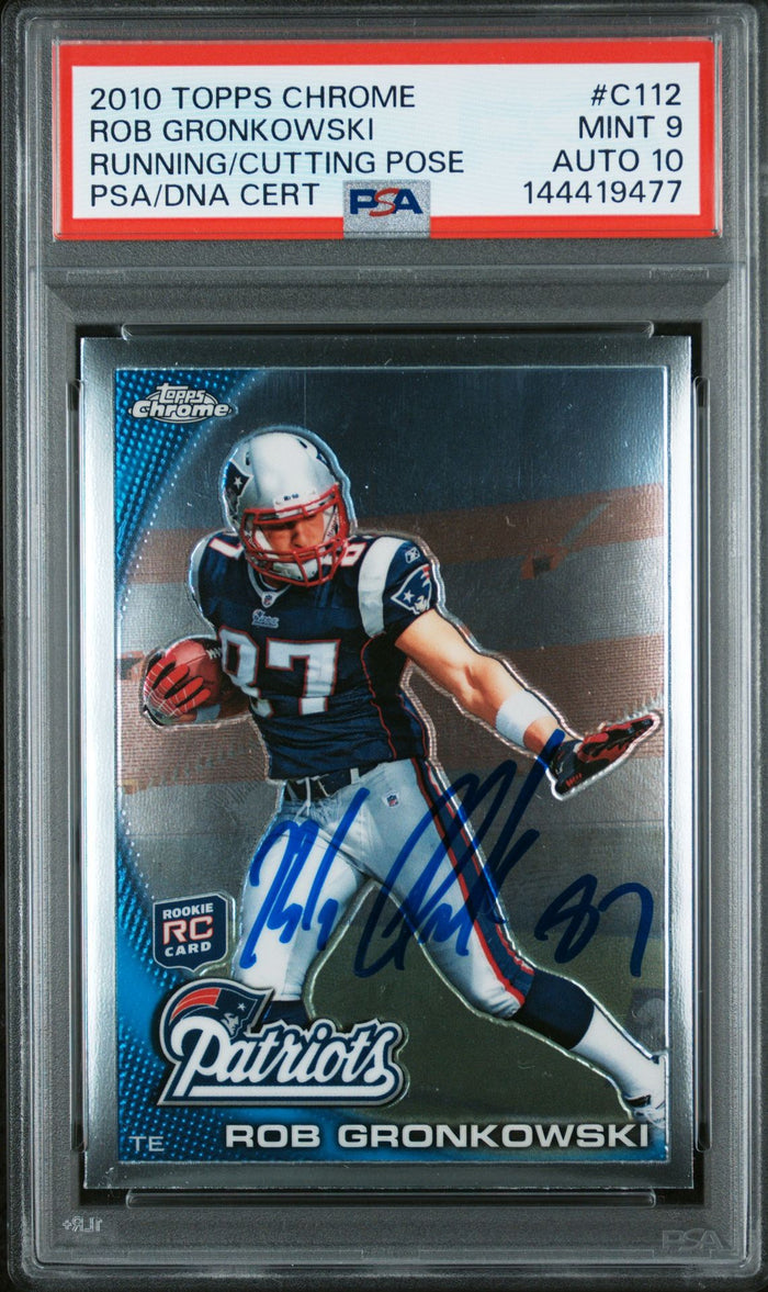 Rob Gronkowski 2010 Topps Chrome Running Cutting Pose New England Patriots Signed Football RC Rookie Card #C112 Graded PSA 9 Auto 10 Cert #144419477-Powers Sports Memorabilia