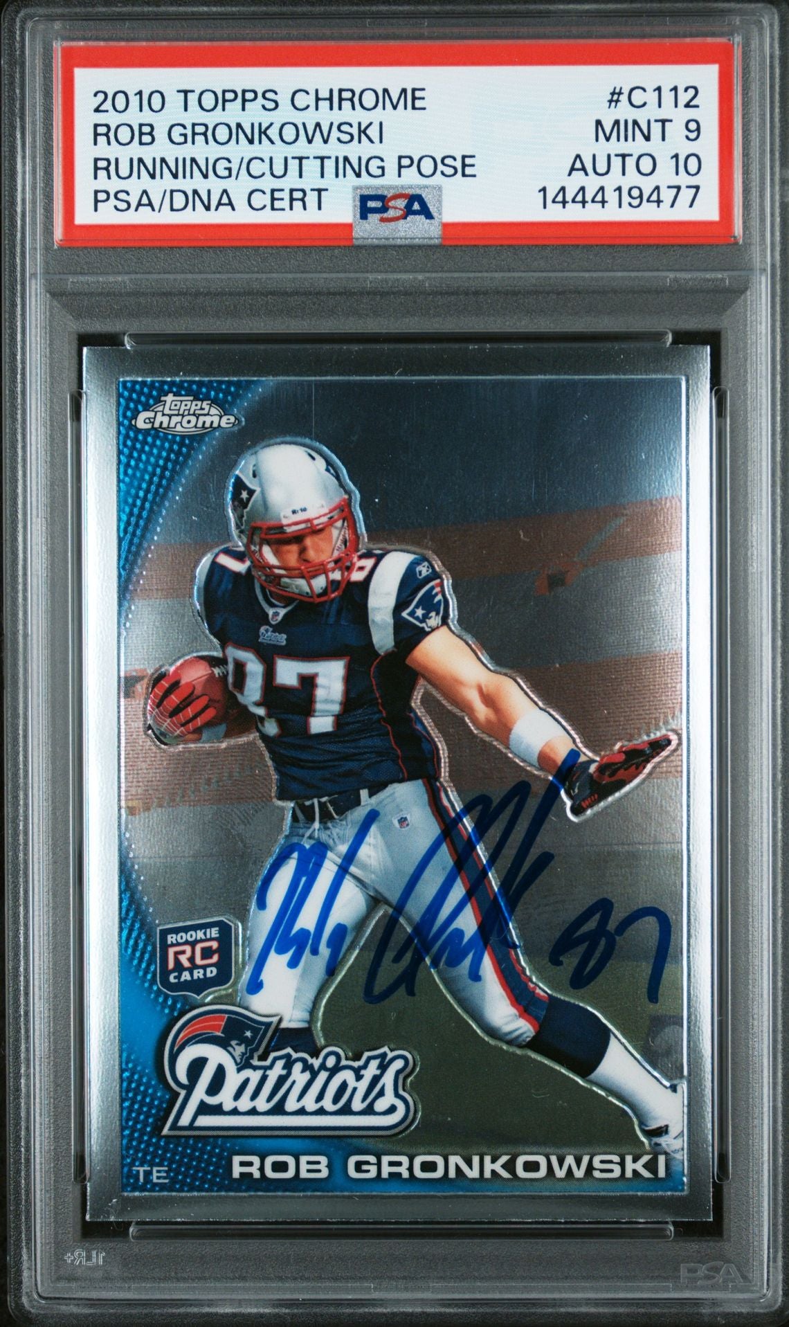 Rob Gronkowski 2010 Topps Chrome Running Cutting Pose New England Patriots Signed Football RC Rookie Card #C112 Graded PSA 9 Auto 10 Cert #144419477-Powers Sports Memorabilia