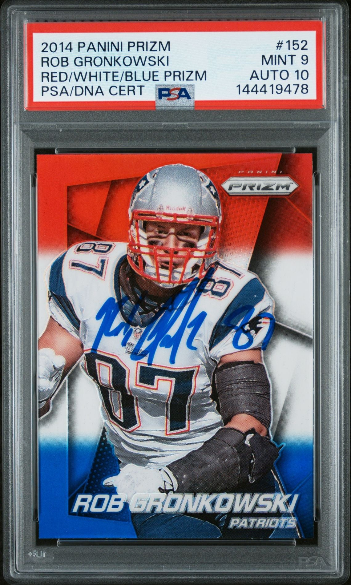 Rob Gronkowski 2014 Panini Prizm Red White Blue New England Patriots Signed Football Card #152 Graded PSA 9 Auto 10 Cert #144419478-Powers Sports Memorabilia