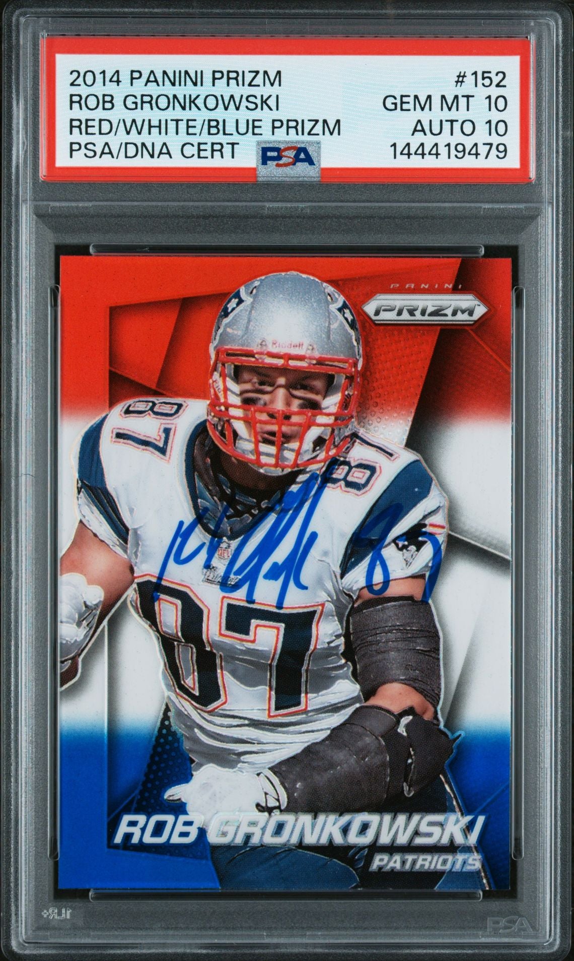 Rob Gronkowski 2014 Panini Prizm Red White Blue New England Patriots Signed Football Card #152 Graded PSA 10 Auto 10 Cert #144419479-Powers Sports Memorabilia