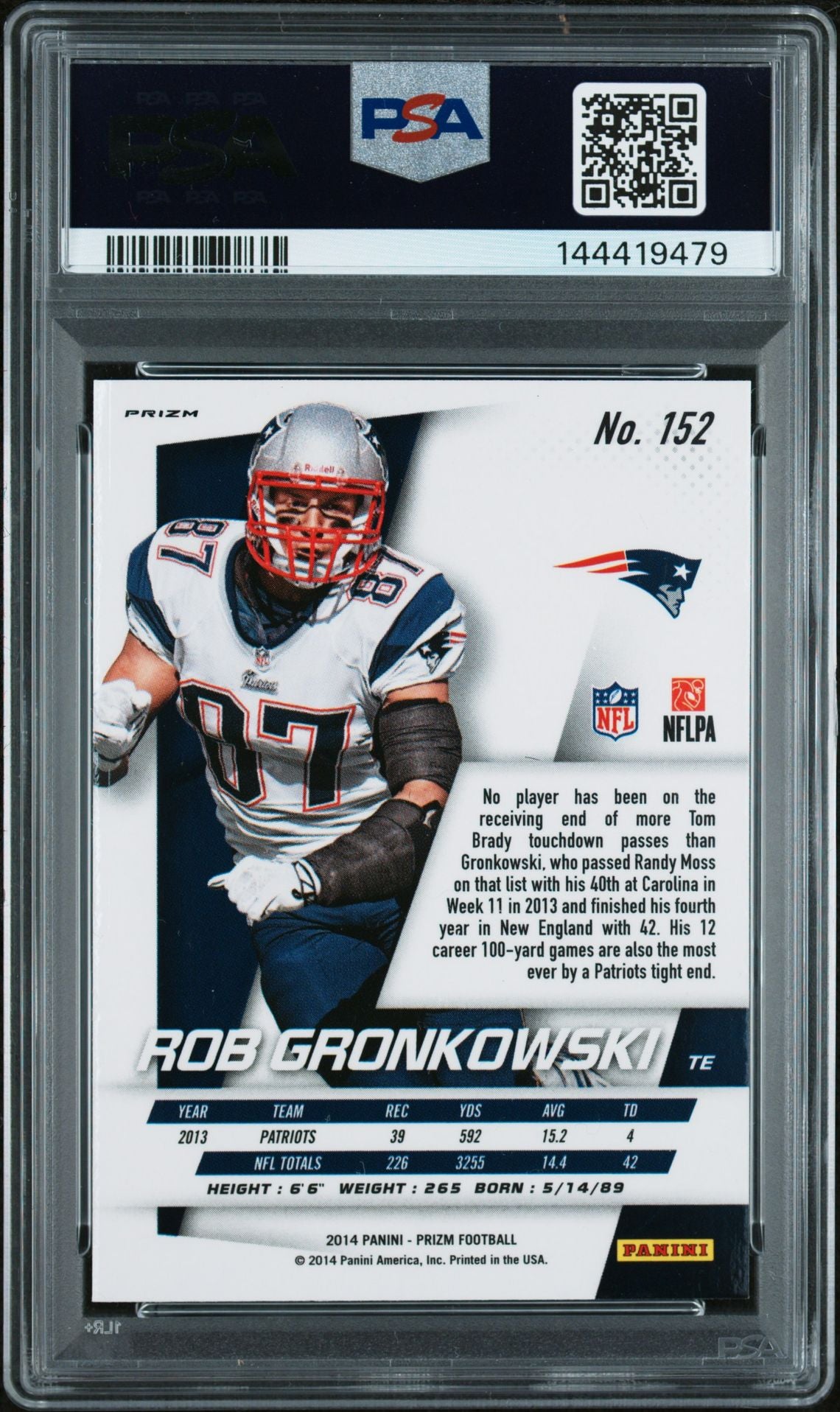 Rob Gronkowski 2014 Panini Prizm Red White Blue New England Patriots Signed Football Card #152 Graded PSA 10 Auto 10 Cert #144419479-Powers Sports Memorabilia