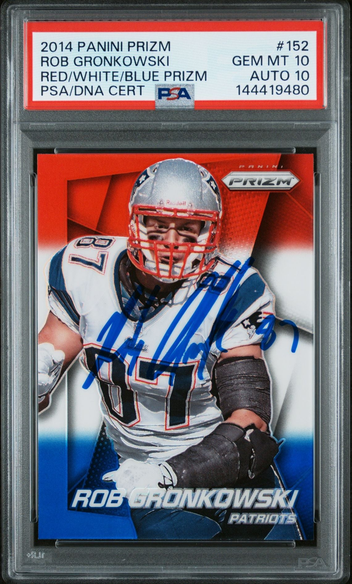 Rob Gronkowski 2014 Panini Prizm Red White Blue New England Patriots Signed Football Card #152 Graded PSA 10 Auto 10 Cert #144419480-Powers Sports Memorabilia