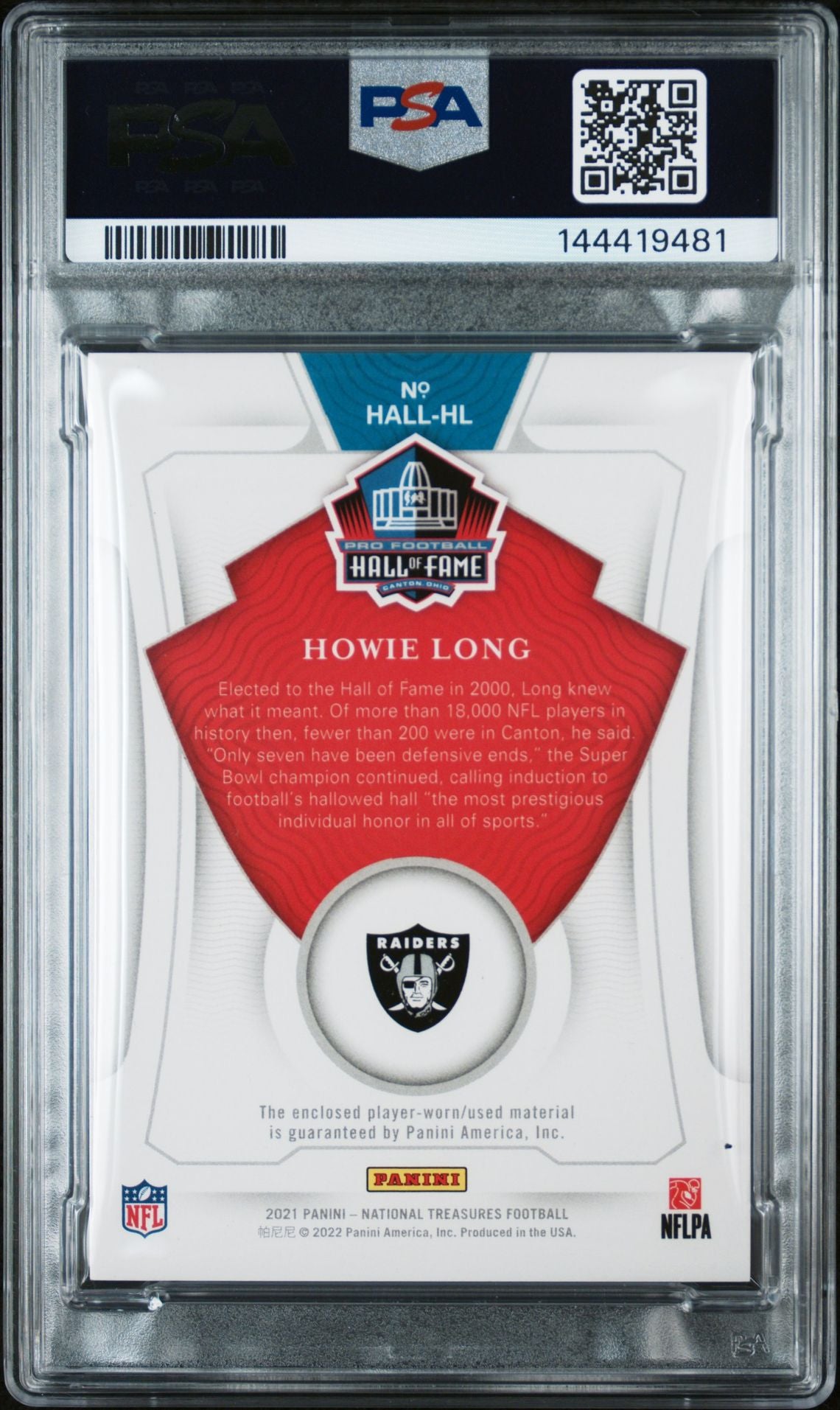 Howie Long 2021 National Treasures of the Hall Gold Oakland Raiders Signed Patch Football Jersey Used Card #HL Graded PSA 10 Auto 10 Serial 4/10 Cert #144419481-Powers Sports Memorabilia