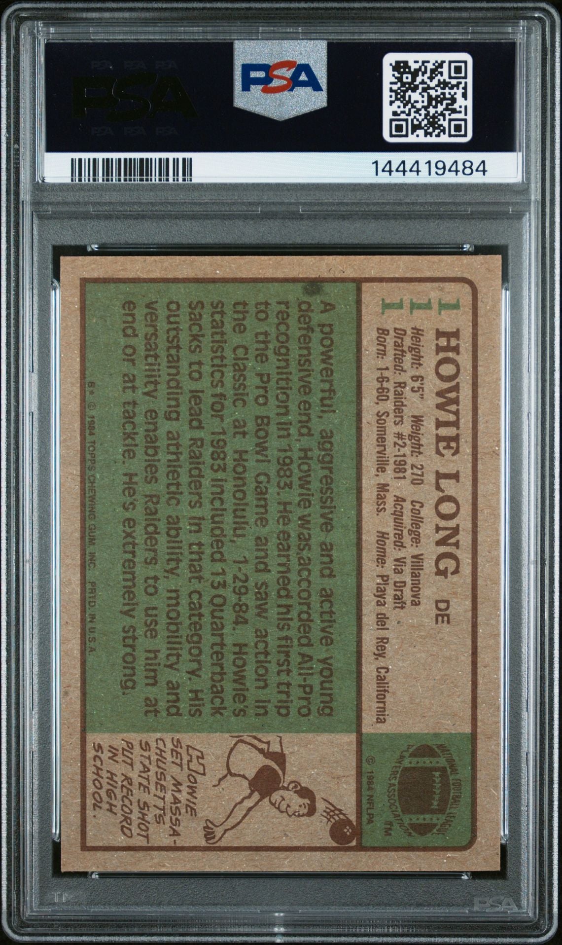 Howie Long 1984 Topps Oakland Raiders Signed Football RC Rookie Card #111 Graded PSA 8 PD Auto 10 Cert #144419484-Powers Sports Memorabilia