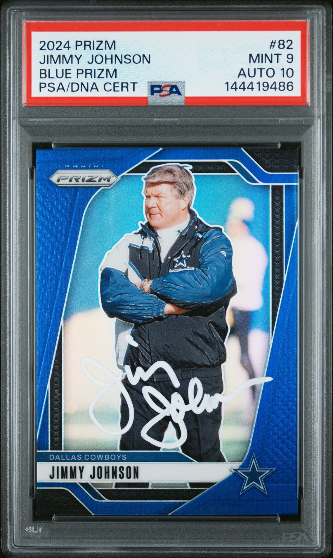 Jimmy Johnson 2024 Panini Prizm Blue Dallas Cowboys Signed Football Card #82 Graded PSA 9 Auto 10 Cert #144419486-Powers Sports Memorabilia