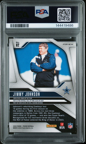 Jimmy Johnson 2024 Panini Prizm Blue Dallas Cowboys Signed Football Card #82 Graded PSA 9 Auto 10 Cert #144419486-Powers Sports Memorabilia