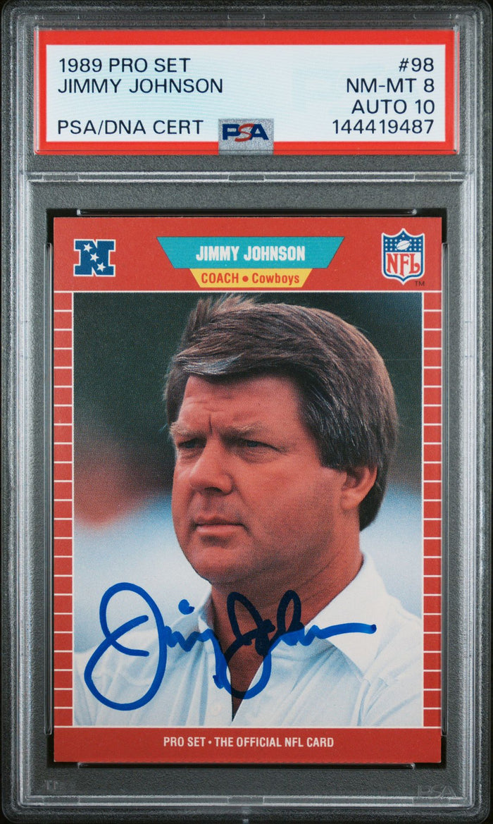 Jimmy Johnson 1989 Pro Set Dallas Cowboys Signed Football RC Rookie Card #98 Graded PSA 8 Auto 10 Cert #144419487-Powers Sports Memorabilia