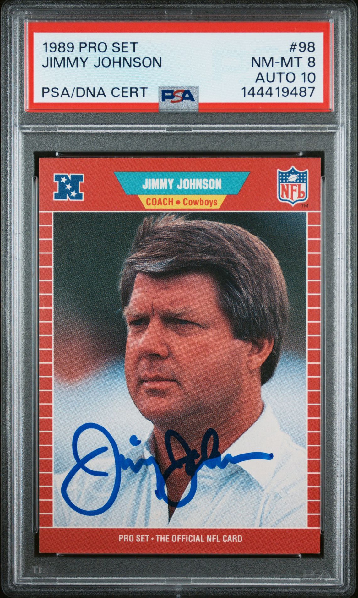 Jimmy Johnson 1989 Pro Set Dallas Cowboys Signed Football RC Rookie Card #98 Graded PSA 8 Auto 10 Cert #144419487-Powers Sports Memorabilia