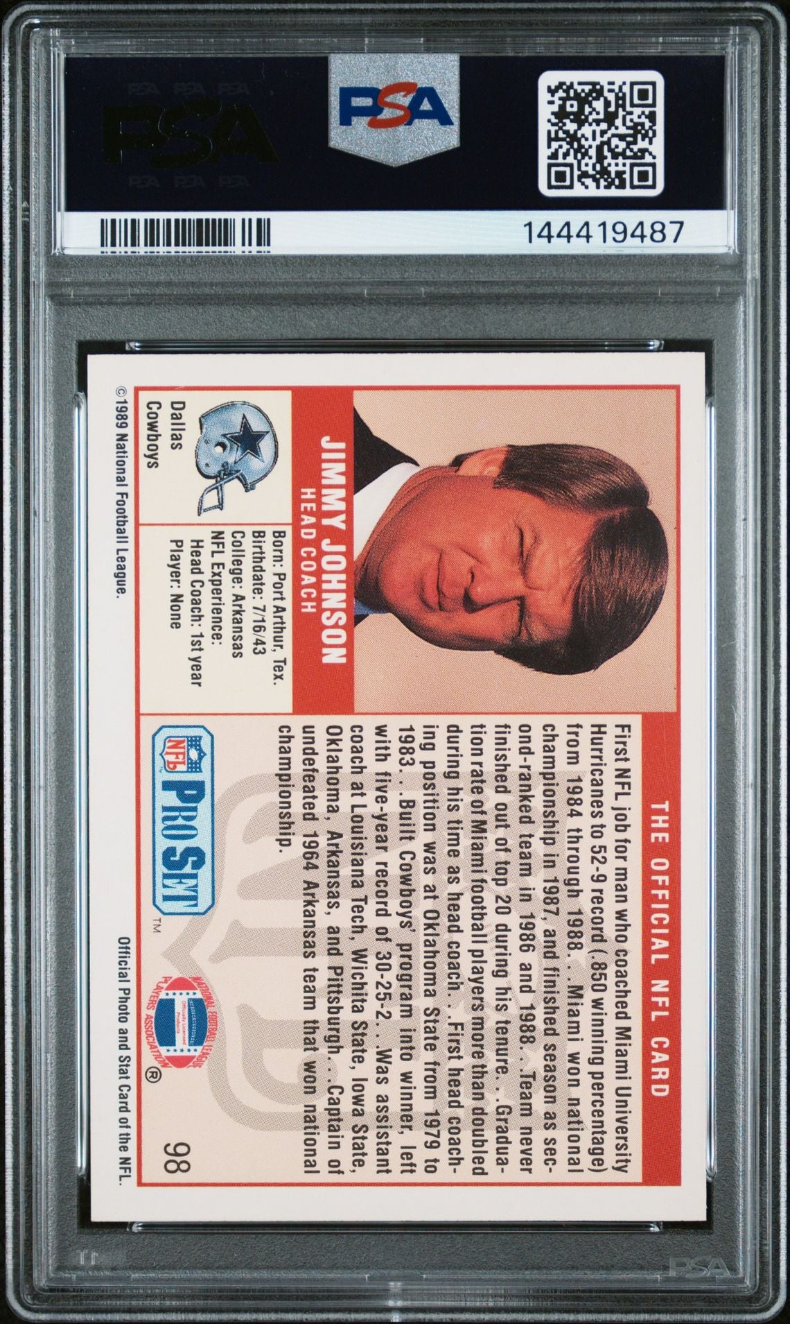 Jimmy Johnson 1989 Pro Set Dallas Cowboys Signed Football RC Rookie Card #98 Graded PSA 8 Auto 10 Cert #144419487-Powers Sports Memorabilia