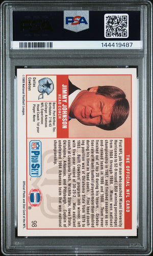 Jimmy Johnson 1989 Pro Set Dallas Cowboys Signed Football RC Rookie Card #98 Graded PSA 8 Auto 10 Cert #144419487-Powers Sports Memorabilia