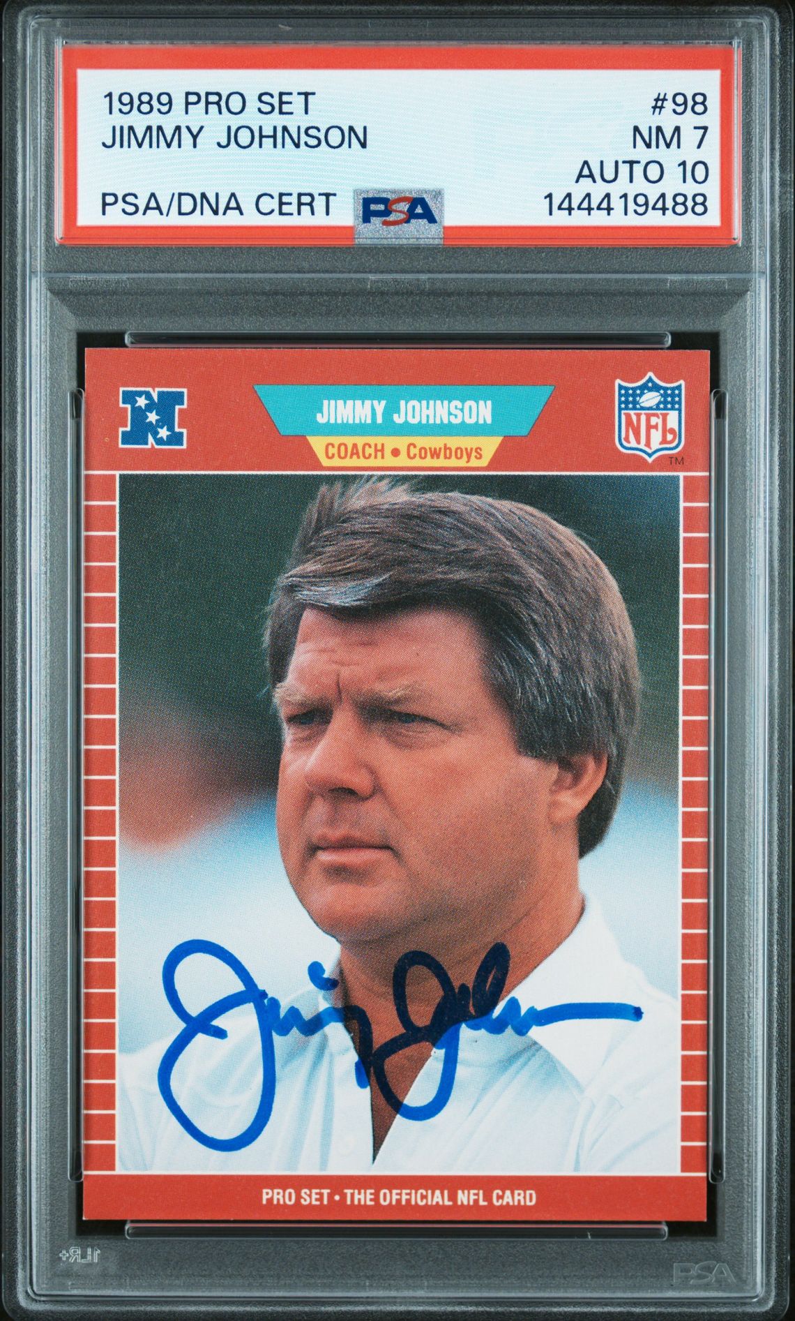 Jimmy Johnson 1989 Pro Set Dallas Cowboys Signed Football RC Rookie Card #98 Graded PSA 7 Auto 10 Cert #144419488-Powers Sports Memorabilia