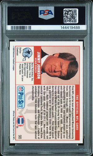 Jimmy Johnson 1989 Pro Set Dallas Cowboys Signed Football RC Rookie Card #98 Graded PSA 7 Auto 10 Cert #144419488-Powers Sports Memorabilia