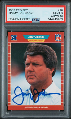Jimmy Johnson 1989 Pro Set Dallas Cowboys Signed Football RC Rookie Card #98 Graded PSA 9 Auto 10 Cert #144419489-Powers Sports Memorabilia