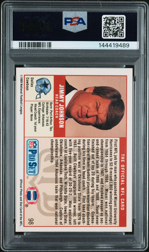 Jimmy Johnson 1989 Pro Set Dallas Cowboys Signed Football RC Rookie Card #98 Graded PSA 9 Auto 10 Cert #144419489-Powers Sports Memorabilia