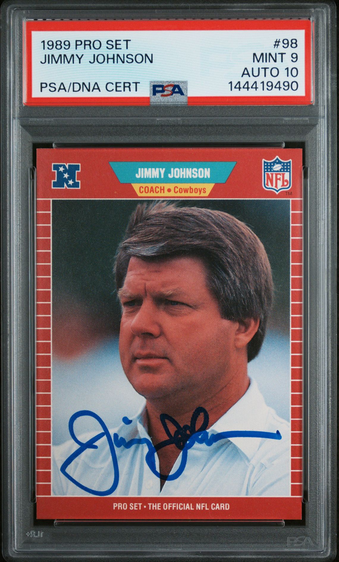 Jimmy Johnson 1989 Pro Set Dallas Cowboys Signed Football RC Rookie Card #98 Graded PSA 9 Auto 10 Cert #144419490-Powers Sports Memorabilia