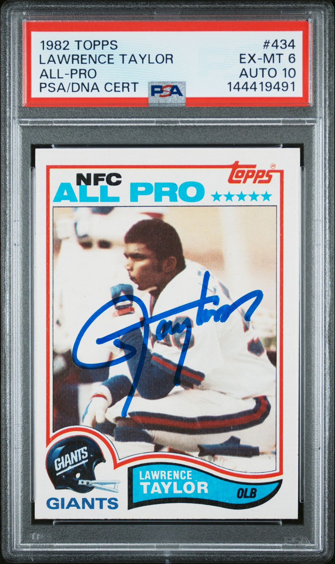 Lawrence Taylor 1982 Topps All-Pro New York Giants Signed Football RC Rookie Card #434 Graded PSA 6 Auto 10 Cert #144419491-Powers Sports Memorabilia
