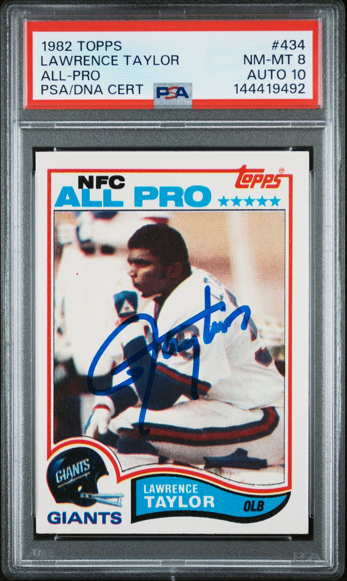 Lawrence Taylor 1982 Topps All-Pro New York Giants Signed Football RC Rookie Card #434 Graded PSA 8 Auto 10 Cert #144419492-Powers Sports Memorabilia