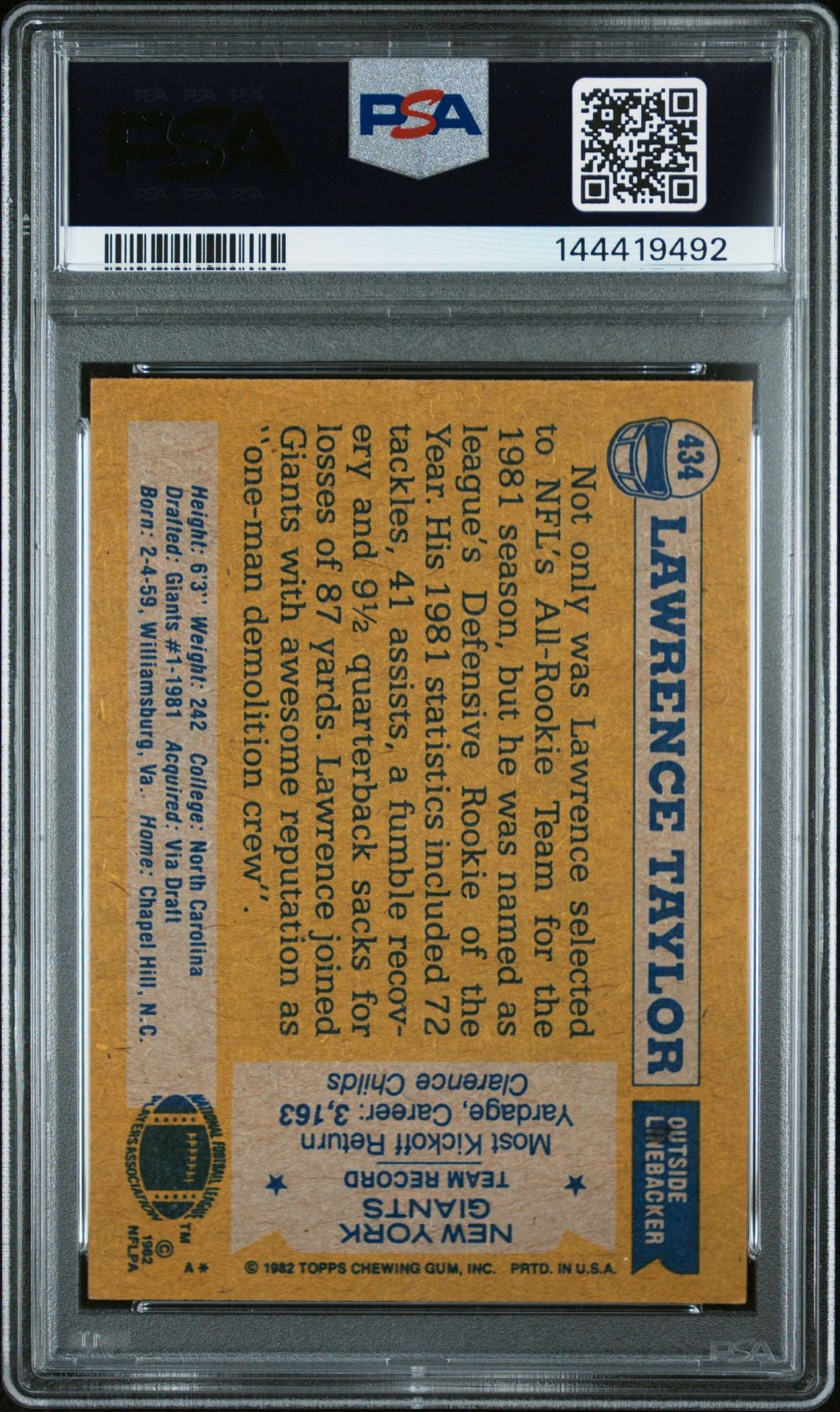 Lawrence Taylor 1982 Topps All-Pro New York Giants Signed Football RC Rookie Card #434 Graded PSA 8 Auto 10 Cert #144419492-Powers Sports Memorabilia