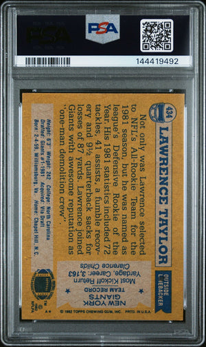 Lawrence Taylor 1982 Topps All-Pro New York Giants Signed Football RC Rookie Card #434 Graded PSA 8 Auto 10 Cert #144419492-Powers Sports Memorabilia