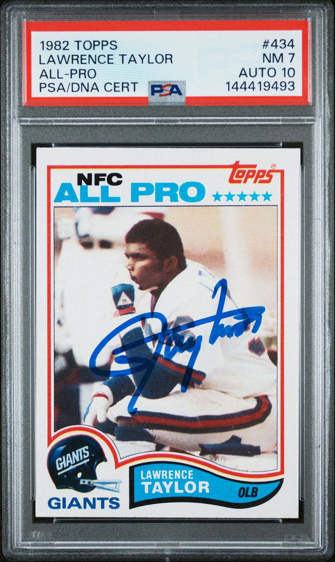 Lawrence Taylor 1982 Topps All-Pro New York Giants Signed Football RC Rookie Card #434 Graded PSA 7 Auto 10 Cert #144419493-Powers Sports Memorabilia