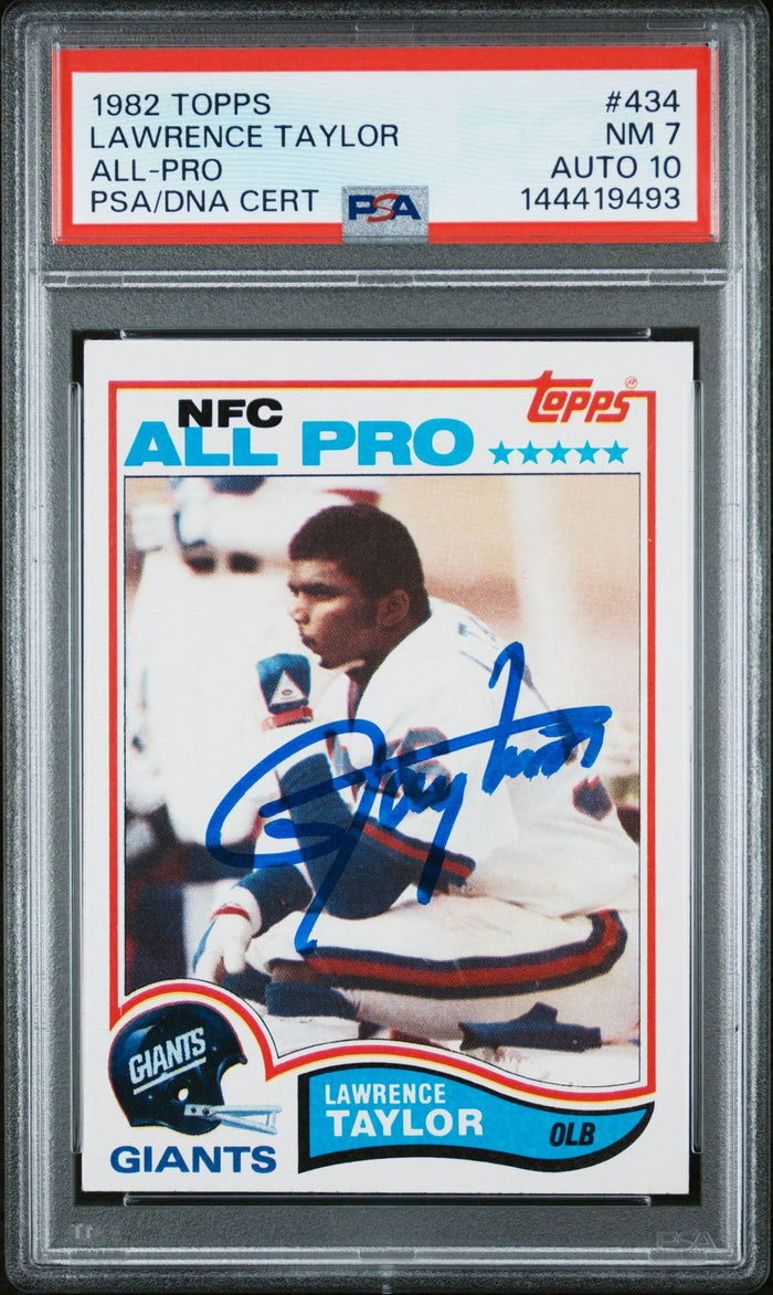 Lawrence Taylor 1982 Topps All-Pro New York Giants Signed Football RC Rookie Card #434 Graded PSA 7 Auto 10 Cert #144419493-Powers Sports Memorabilia