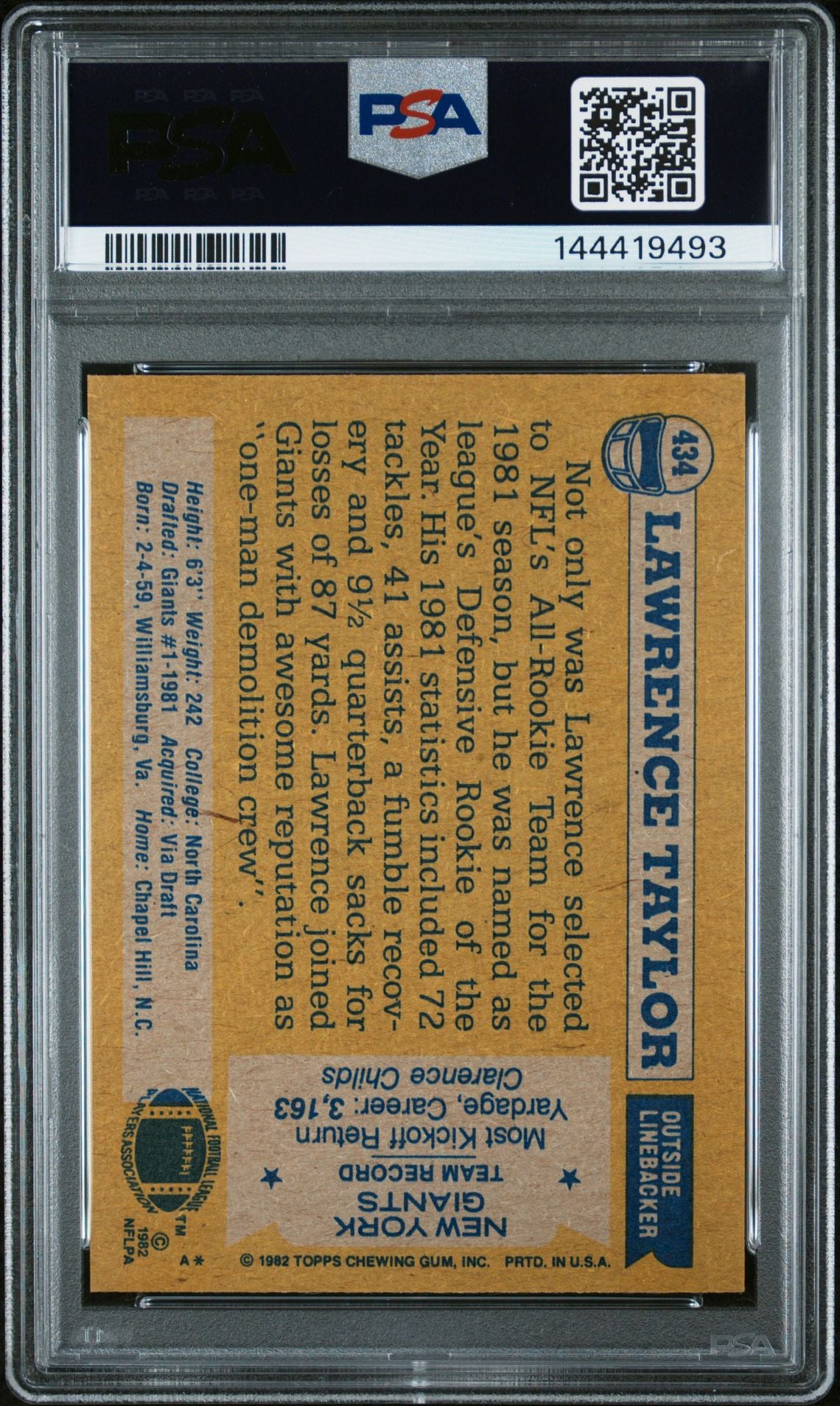 Lawrence Taylor 1982 Topps All-Pro New York Giants Signed Football RC Rookie Card #434 Graded PSA 7 Auto 10 Cert #144419493-Powers Sports Memorabilia