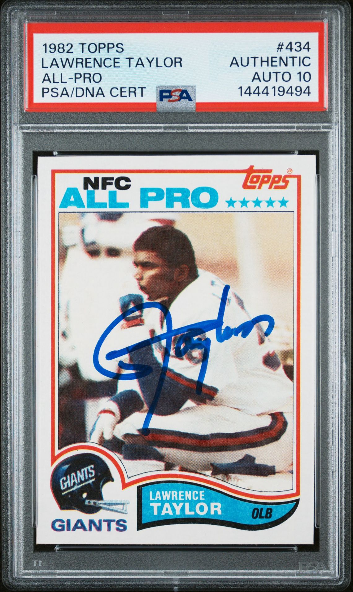 Lawrence Taylor 1982 Topps All-Pro New York Giants Signed Football RC Rookie Card #434 Graded PSA Authentic Auto 10 Cert #144419494-Powers Sports Memorabilia