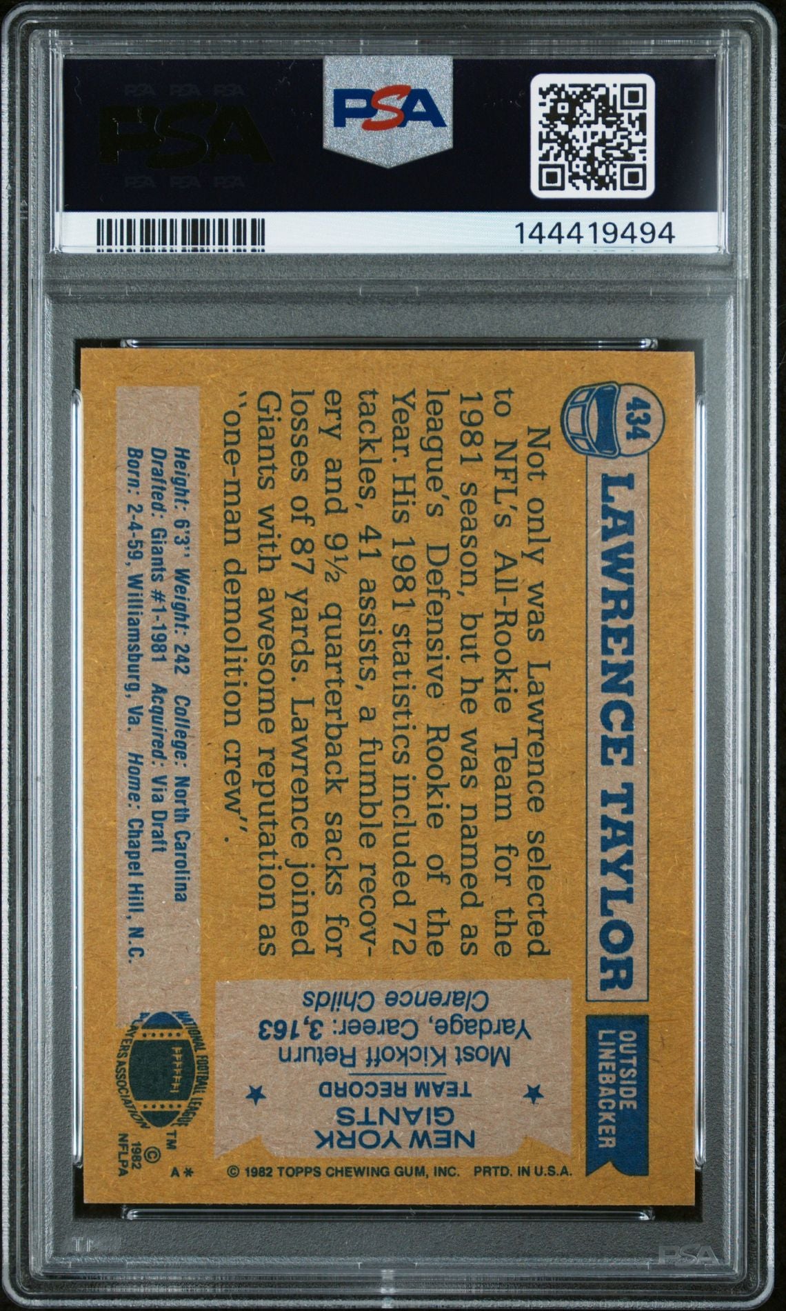 Lawrence Taylor 1982 Topps All-Pro New York Giants Signed Football RC Rookie Card #434 Graded PSA Authentic Auto 10 Cert #144419494-Powers Sports Memorabilia
