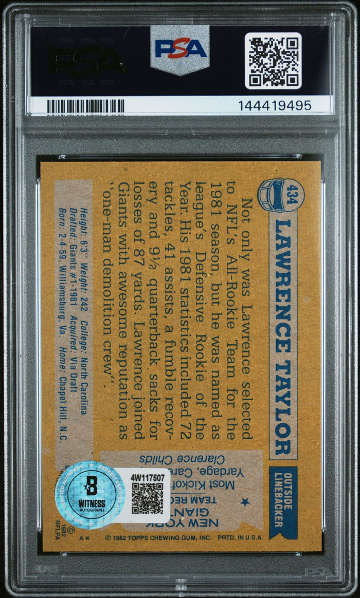 Lawrence Taylor 1982 Topps All-Pro New York Giants Signed Football RC Rookie Card #434 Graded PSA 5 Auto 10 Cert #144419495-Powers Sports Memorabilia