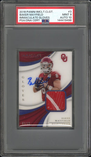 Baker Mayfield 2018 Panini Immaculate Collection Collegiate Gloves Patch 35/49 Signed Football Player Worn RC Rookie Card #3 Graded PSA 9 Auto 10 Cert #144419498-Powers Sports Memorabilia