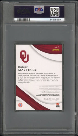 Baker Mayfield 2018 Panini Immaculate Collection Collegiate Gloves Patch 35/49 Signed Football Player Worn RC Rookie Card #3 Graded PSA 9 Auto 10 Cert #144419498-Powers Sports Memorabilia