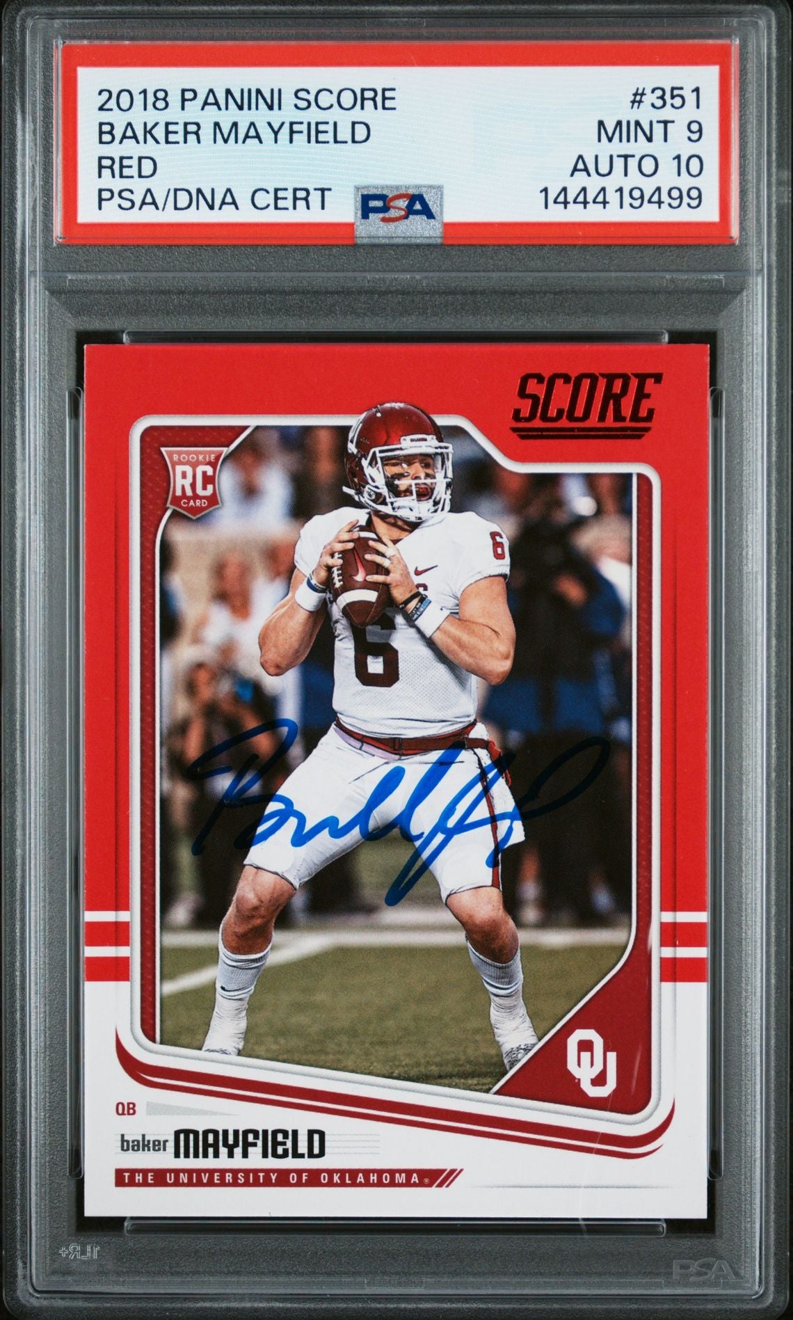 Baker Mayfield 2018 Panini Score Red Oklahoma Sooners Signed Football RC Rookie Card #351 Graded PSA 9 Auto 10 Cert #144419499-Powers Sports Memorabilia