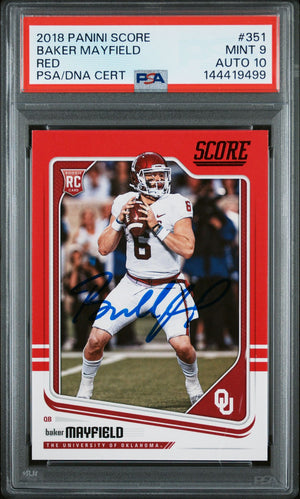 Baker Mayfield 2018 Panini Score Red Oklahoma Sooners Signed Football RC Rookie Card #351 Graded PSA 9 Auto 10 Cert #144419499-Powers Sports Memorabilia