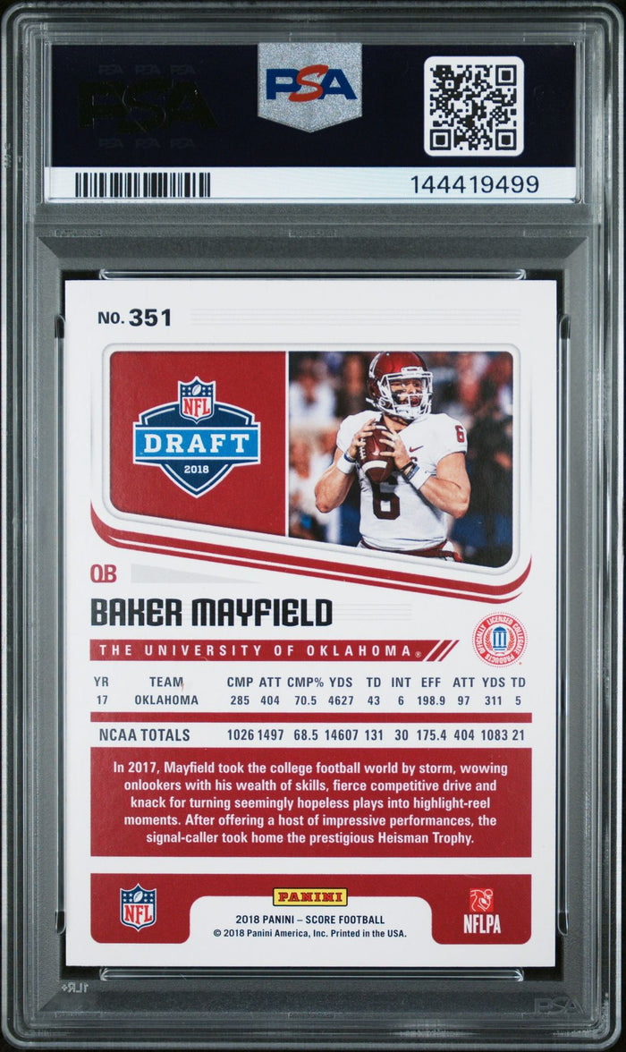Baker Mayfield 2018 Panini Score Red Oklahoma Sooners Signed Football RC Rookie Card #351 Graded PSA 9 Auto 10 Cert #144419499-Powers Sports Memorabilia